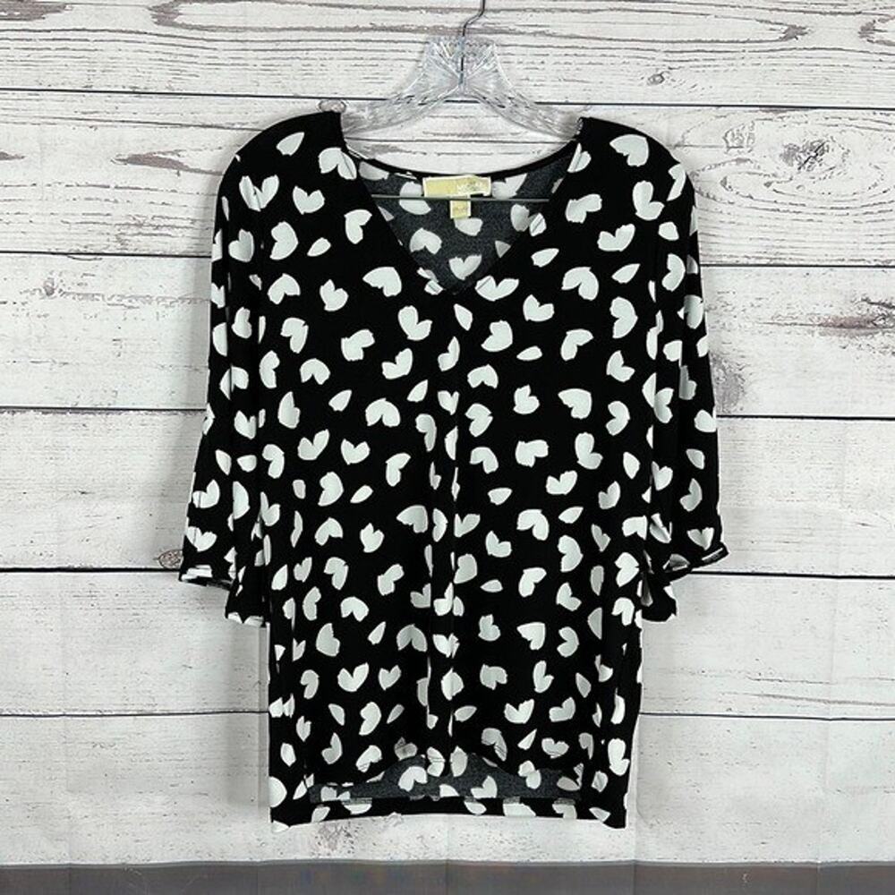 Michael Kors Top Shirt Womens Medium Black White Heart Flowy Art Office